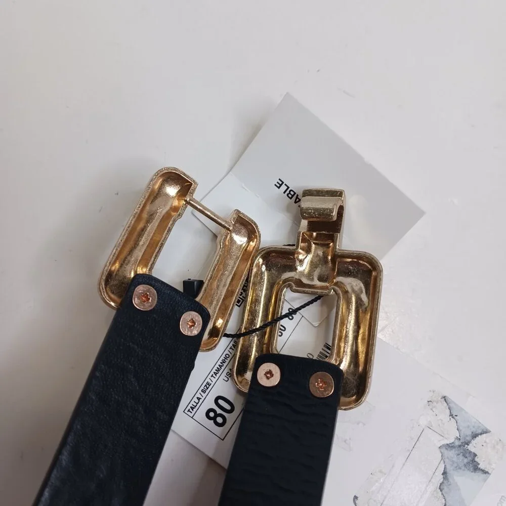Zara Women's Skinny Belt size 30 Faux Leather Gold Metal Buckle